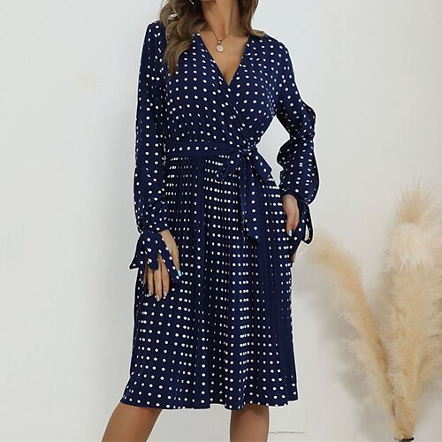 

Vestido feminino de uma linha vestido na altura do joelho azul escuro manga longa estampa de bolinhas com renda outono inverno decote em v vintage moderno 2022 xl