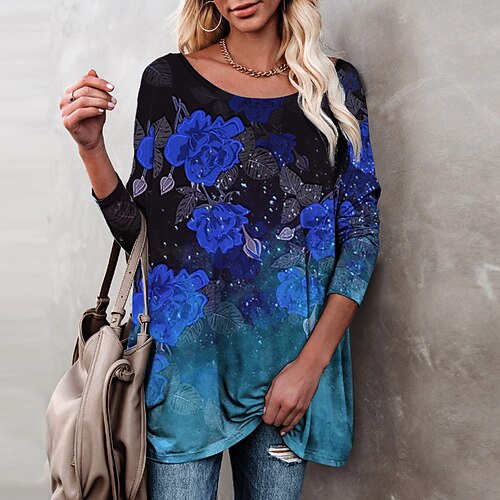 

Women's T shirt Tee Floral Casual Holiday Weekend Floral Painting T shirt Tee Long Sleeve Print Round Neck Basic Blue S / 3D Print