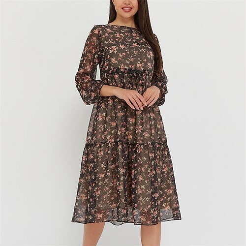 

Women's Casual Dress A Line Dress Knee Length Dress Black Long Sleeve Floral Ruched Print Fall Spring Crew Neck Stylish Casual Modern 2022 S M L XL XXL