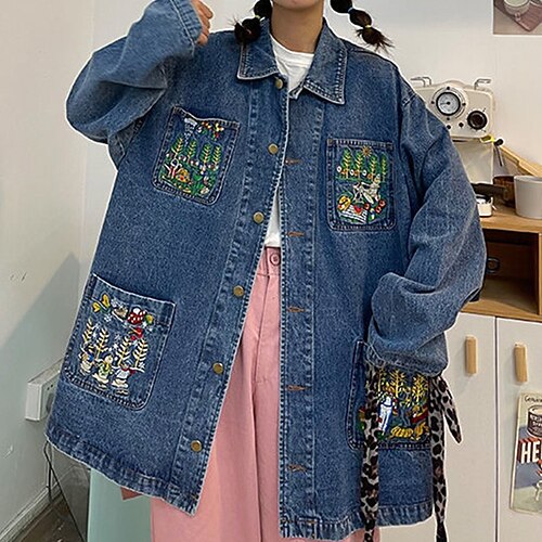 

Women's Denim Jacket Warm Breathable Street Daily Wear Vacation Selfie Embroidered Pocket Single Breasted Turndown Vintage Chic & Modern Oversized Comfortable Floral Regular Fit Outerwear Long Sleeve