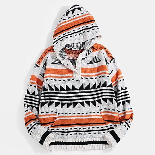 

Men's Sweater Pullover Sweater Jumper Ribbed Knit Button Knitted Striped Hooded Basic Stylish Daily Holiday Clothing Apparel Winter Fall White S M L