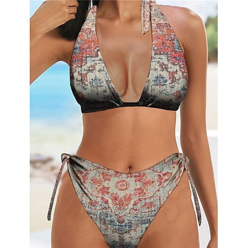 

Women's Swimwear Bikini 2 Piece Normal Swimsuit Halter Open Back Printing Map Khaki Halter V Wire Bathing Suits Sexy Vacation Fashion / Modern / New