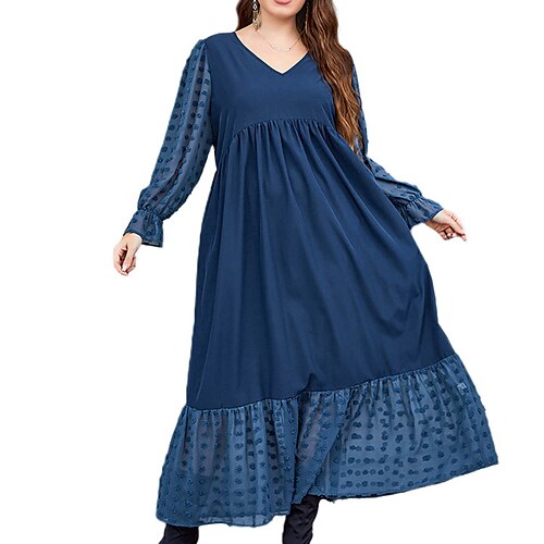 

Women's Plus Size Casual Dress Polka Dot V Neck Ruffle Long Sleeve Fall Spring Casual Vintage Maxi long Dress Causal Daily Dress