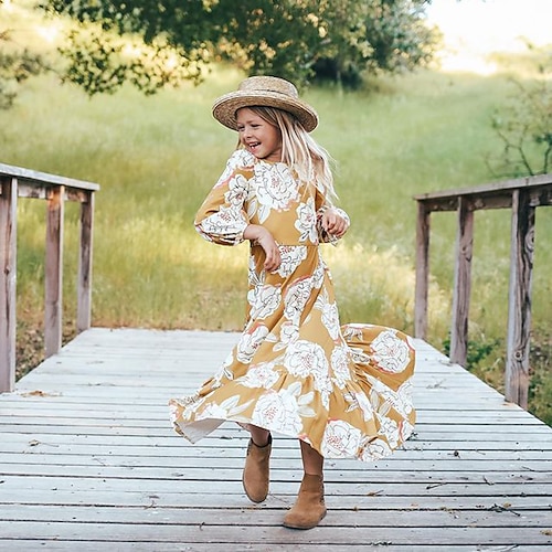 

Kids Girls' Dress Floral Midi Dress Daily Ruffle Long Sleeve Vacation Dress 2-6 Years Fall Yellow