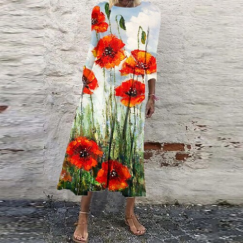 

Women's Shift Dress Midi Dress Green Blue Red 3/4 Length Sleeve Floral Ruched Print Fall Winter Round Neck Casual Vacation 2022 S M L XL XXL 3XL