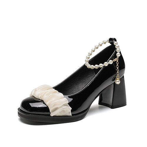 

Women's Heels Mary Jane Imitation Pearl Chunky Heel Round Toe Elegant Sweet Daily Office PU Leather Buckle Fall Spring Black Beige