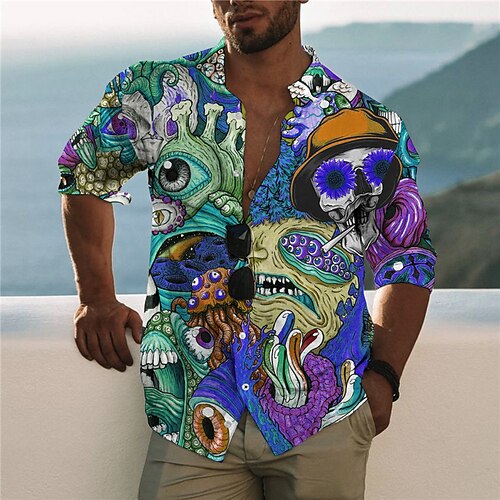 

Men's Shirt Skull Abstract Stand Collar Blue Long Sleeve 3D Print Outdoor Casual Button-Down Print Tops Fashion Designer Casual Comfortable / Sports