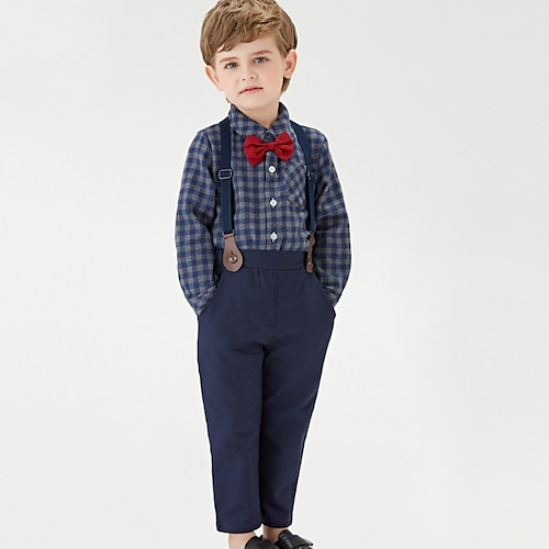 

Kids Boys Shirt Pants Clothing Set 2 Pieces Long Sleeve Green Blue Gray Plaid Loose Formal Birthday Formal Gentle 2-6 Years
