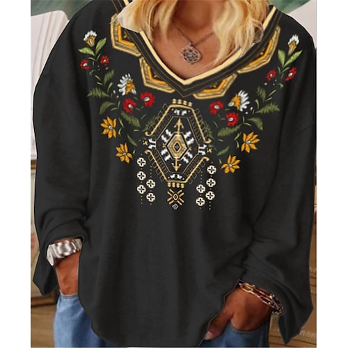 

Women's Plus Size Tops T shirt Tee Floral Print Long Sleeve V Neck Streetwear Daily Vacation Cotton Spandex Jersey Fall Winter Black