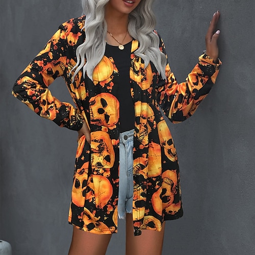 

Women's Shirt Skull Pumpkin Halloween Weekend Shirt Shrugs Long Sleeve Print V Neck Casual Streetwear Black Orange Red S / 3D Print