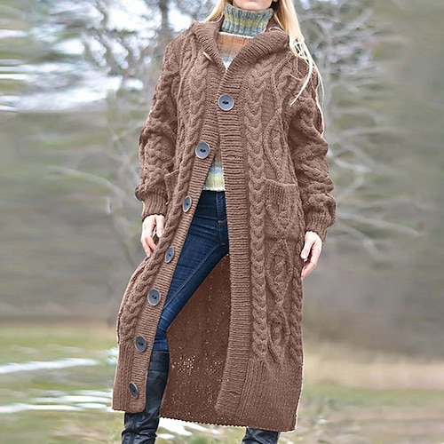 

Mujer Chaqueta de Punto Puente Cable Fornido Tejer Sayo Botón Bolsillo Color puro Con Capucha Básico Elegante Exterior Diario Invierno Otoño Verde Trébol Negro S M L