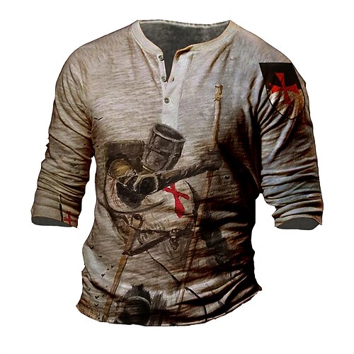 

Men's T shirt Tee Henley Shirt Tee Graphic Human Henley Brown Long Sleeve 3D Print Plus Size Outdoor Daily Button-Down Print Tops Basic Designer Casual Classic / Summer / Spring / Summer / Sports