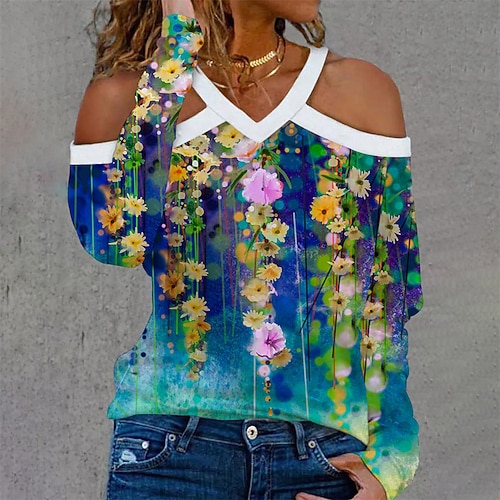 

Women's Blouse Floral Graphic Casual Weekend Blouse Long Sleeve Print V Neck Basic Green Blue Purple S / 3D Print