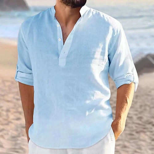 

Hombre camisa de lino Camisa Camisa de verano Camisa de playa Escote en Pico Todas las Temporadas Manga Larga Negro Blanco Azul Marino Plano Diario Hawaiano Ropa