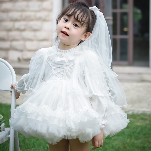 

Kids Little Girls' Dress Solid Colored A Line Dress Daily Lace White Above Knee Long Sleeve Princess Sweet Dresses Summer Regular Fit 1pcs 2-8 Years