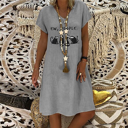 

Women's Shift Dress Short Mini Dress Gray Short Sleeve Cat Letter Animal Print Spring Summer V Neck Casual Vacation 2022 S M L XL XXL 3XL