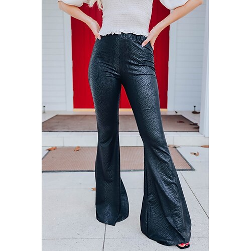 

Women's Pants Trousers Trousers Bell Bottom Wide Leg Snake Print Comfort Ankle-Length Casual Weekend PU Fashion Black Mid Waist Micro-elastic