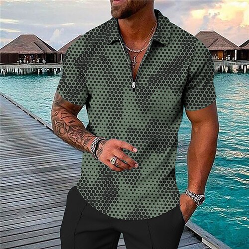 

Men's Collar Polo Shirt Golf Shirt Geometry Turndown Green 3D Print Outdoor Street Short Sleeves Zipper Print Clothing Apparel Fashion Designer Casual Breathable / Summer / Spring / Summer