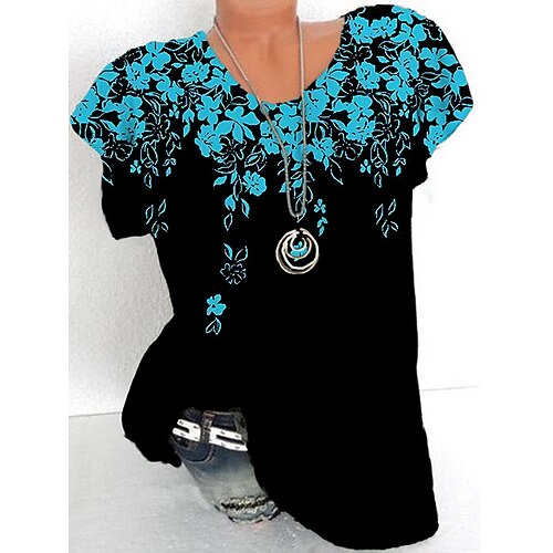 

Women's Plus Size Curve Tops T shirt Tee Floral Print Short Sleeve Crewneck Streetwear Daily Sports Cotton Spandex Jersey Spring Summer Blue
