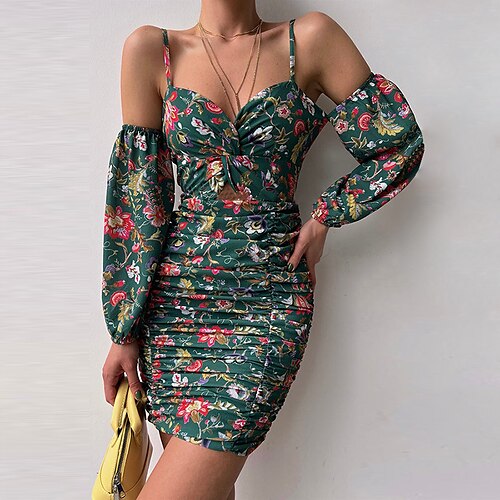 

Women's Bodycon Sheath Dress Short Mini Dress Green White Orange 3/4 Length Sleeve Floral Backless Ruched Cut Out Fall Winter Spaghetti Strap Fashion Modern 2022 S M L XL XXL 3XL / Print