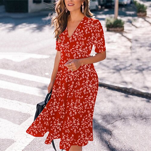 

Women's Casual Dress Swing Dress Midi Dress Red Half Sleeve Floral Print Spring Summer V Neck 2022 S M L XL XXL 3XL