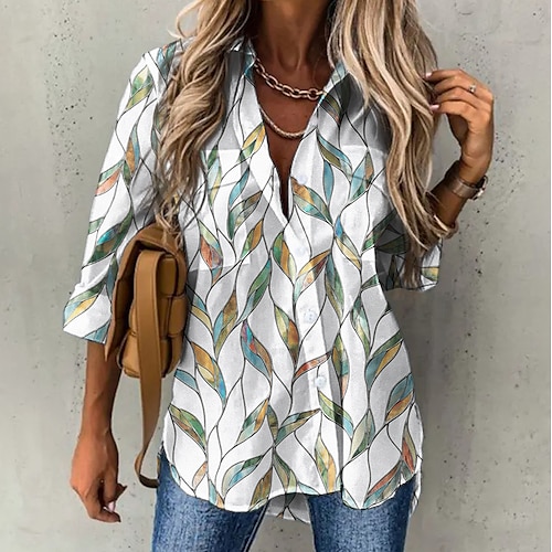 

Women's Blouse Leaves Daily Weekend Floral Blouse Shirt Long Sleeve Button Print Shirt Collar Casual Streetwear White S / 3D Print