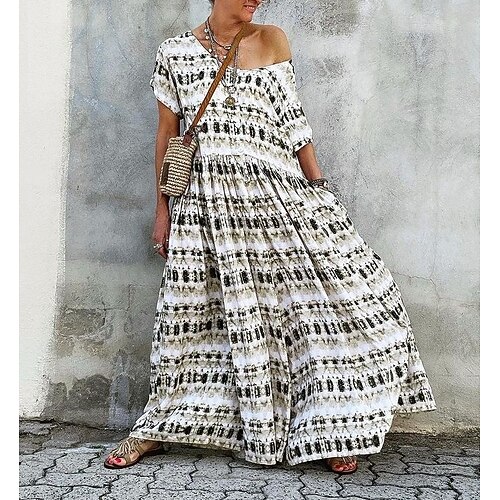 

Women's Swing Dress Maxi long Dress Gray Short Sleeve Plaid Print Fall Summer Crew Neck Stylish Fashion Modern 2022 S M L XL