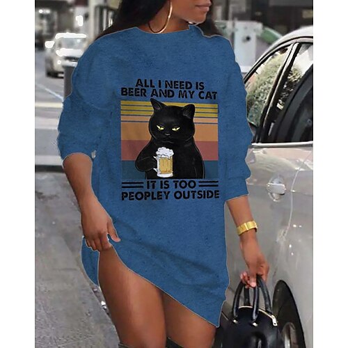 

Women's Shift Dress Short Mini Dress Blue Long Sleeve Cat Letter Animal Print Fall Winter Crew Neck Casual Fashion 2022 S M L XL XXL 3XL