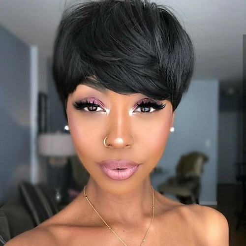 

Short Pixie Cut Wigs for Women Human Hair Black Wig with Bangs Layered Wigs Human Hair Glueless 1B Color