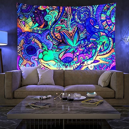 

psykedelisk floral blomst lotus blacklight uv reaktiv stor veggteppe kunst dekor teppe gardin hengende hjem soverom dekorasjon polyester