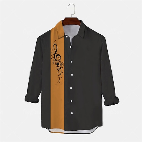

Men's Shirt Striped Notes Turndown Black Long Sleeve 3D Print Outdoor Street Button-Down Print Tops Fashion Designer Casual Breathable