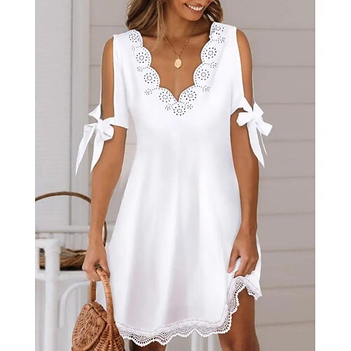 

Women's Casual Dress Mini Dress White Short Sleeve Pure Color Lace Spring Summer V Neck Modern Weekend 2022 S M L XL 2XL