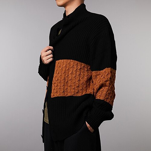 

Men's Sweater Cardigan Sweater Cable Knit Button Knitted Color Block Stand Collar Basic Stylish Daily Holiday Clothing Apparel Winter Fall Black Blue S M L