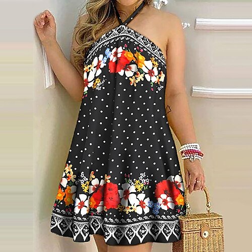 

Women's A Line Dress Slip Dress Short Mini Dress Black Pink Yellow Sleeveless Floral Print Print Spring Summer Halter Neck Casual 2022 S M L XL 2XL 3XL