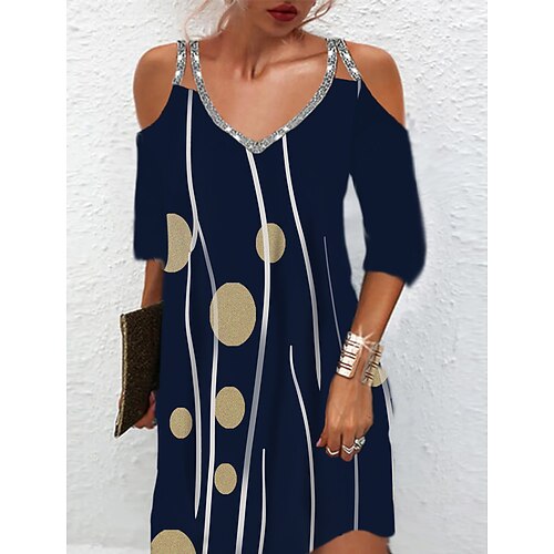 

Women's A Line Dress Casual Dress Short Mini Dress Black Wine Navy Blue 3/4 Length Sleeve Geometric Sequins Cold Shoulder Print Fall Winter Spaghetti Strap Casual Fashion 2022 S M L XL XXL 3XL