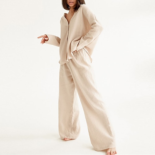 

Women's Loungewear Sets Nighty 2 Pieces Pure Color Simple Comfort Home Cotton V Wire Long Sleeve Pant Button Pocket Fall Spring Blue Purple