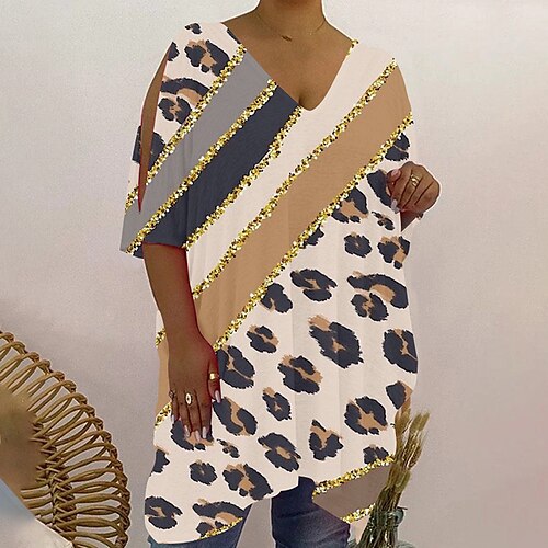 

Women's Plus Size Tops Blouse T shirt Tee Leopard Animal Print Half Sleeve V Neck Casual Daily Going out Polyester Fall Spring Green Blue