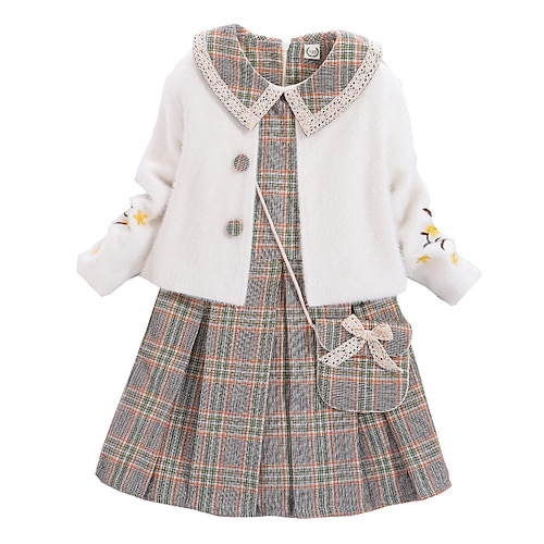 

vestiti delle ragazze dei capretti insieme dei vestiti 2 pezzi manica lunga beige plaid cotone vacanza moda dolce 3-12 anni