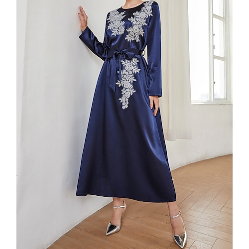 

Women's Satin Dress Casual Dress Maxi long Dress Dark Blue Long Sleeve Print Chiffon Spring Summer Crew Neck Personalized Stylish Elegant Luxurious Boom Sale Dress S M L XL