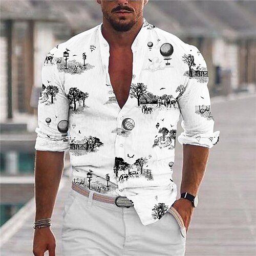 

Men's Shirt Scenery Stand Collar White Long Sleeve 3D Print Outdoor Casual Button-Down Print Tops Fashion Designer Casual Comfortable / Sports
