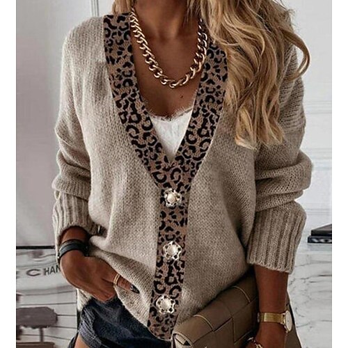 

Women's Cardigan Sweater V Neck Crochet Knit Patchwork Button Fall Winter Cropped Daily Holiday Casual Long Sleeve Leopard Brown S M L