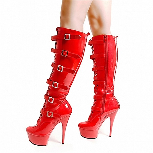 

Women's Dance Boots Pole Dancing Shoes Performance Stilettos Boots Platform Solid Color Slim High Heel Round Toe Zipper Buckle Adults' Black Red