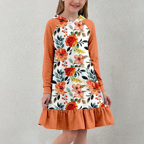 

Kids Little Girls' Dress Floral A Line Dress Daily Holiday Vacation Ruffle Print Orange Above Knee Long Sleeve Casual Cute Sweet Dresses Fall Winter Regular Fit 3-12 Years