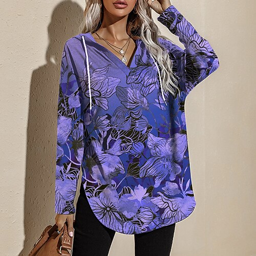 

Women's Sweatshirt Pullover Active Streetwear Print Purple Floral Loose Daily V Neck Long Sleeve S M L XL XXL / 3D Print