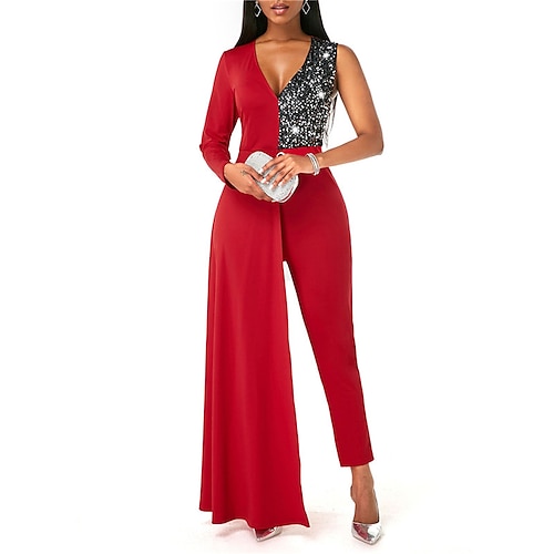 

Women's Jumpsuit Sequin Solid Color One Shoulder Elegant Party Street Regular Fit Long Sleeve Blue Red Black S M L Winter