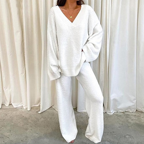 

Women's Fleece Lounge Sets 2 Pieces Solid Color Pajama V Neck Long Sleeve for Fall Winter White S 3XL