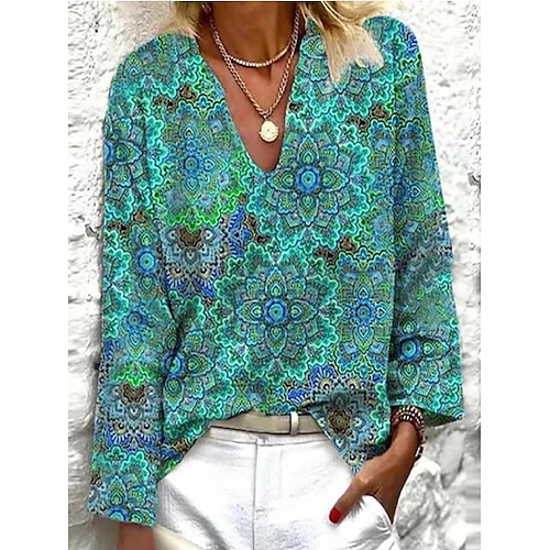 

Women's Blouse Shirt Green Blue Graphic Ethnic Print Long Sleeve Holiday Vintage Tropical Boho V Neck S