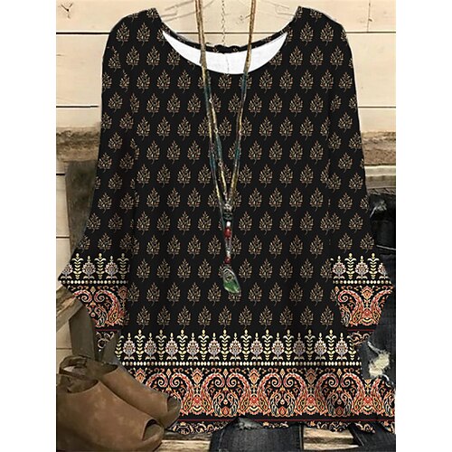 

Women's Plus Size Tops Blouse Shirt Graphic Geometry Print Long Sleeve Round Neck Casual Daily Vacation Polyester Fall Spring Black Navy Blue