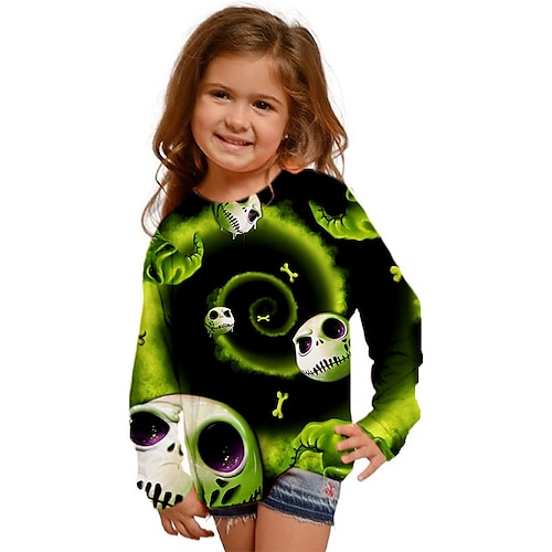 

The Nightmare Before Christmas Kids Girls' Ugly Christmas T shirt Skull Outdoor 3D Print Long Sleeve Active 3-12 Years Winter Green Black Light Green