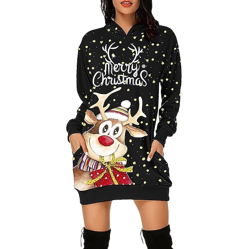 

Women's Pullover Hoodie Sweatshirt Hoodie Dress Crew Neck Graphic Elk Print Christmas Daily Other Prints Casual Christmas Hoodies Sweatshirts Loose Fit Black Red
